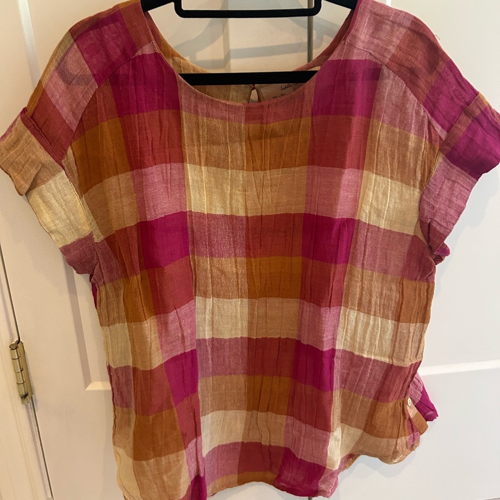 Anthropologie pink gold plaid top